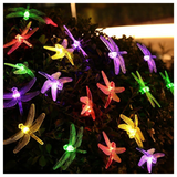 Libélulas multicolor iluminando plantas de noche