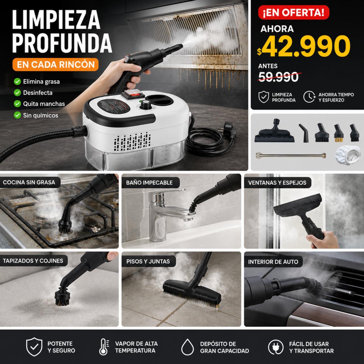 🔥 Súper SteamPro 2500W · + 6 Boquillas de regalo + Envío Gratis