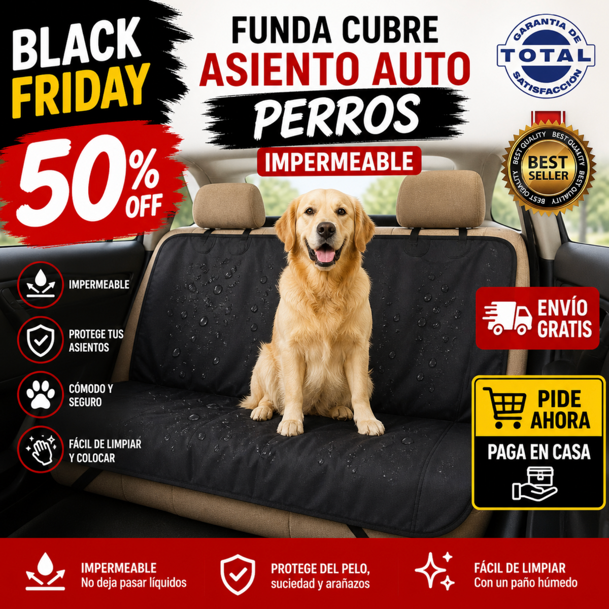 Funda Cubre Asiento Auto Perros Impermeable + Envío Gratis