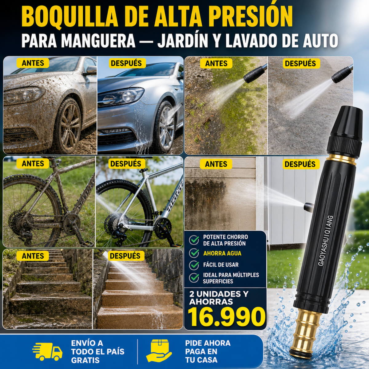 Boquilla de Alta Presión para Manguera — Jardín y Lavado de Auto