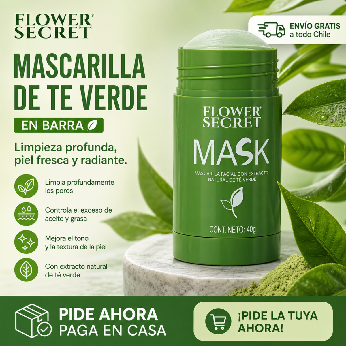 Mascarilla Facial Sólida con Té Verde — Limpieza Profunda