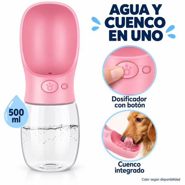Bebedero portátil con botón · Cuenco integrado y 500 ml