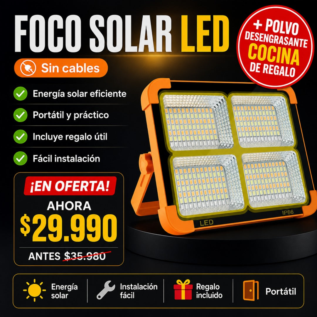 Foco Solar Portátil LED + Envío Gratis + Polvo Desengrasante Cocina de REGALO