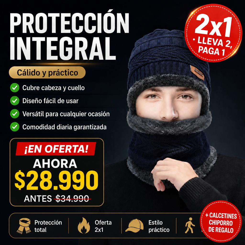 Gorro con Bufanda Práctico y Cálido + Envío Gratis + Calcetines Chiporro (2 pares) de REGALO