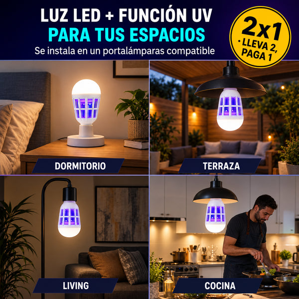 Ampolleta LED con función UV instalada por su rosca en portalámparas compatibles: dormitorio, terraza cubierta, living y cocina.