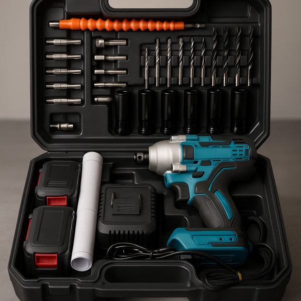 Maletín completo: taladro, 2 baterías, cargador, dados y brocas